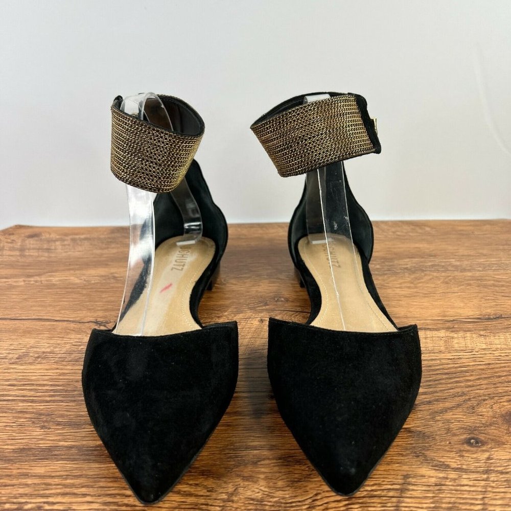 Schutz Women's 9.5B Alexaa Black Suede Pointed Toe Gold Ankle Cuff D'Orsay Flats - Picture 3 of 8